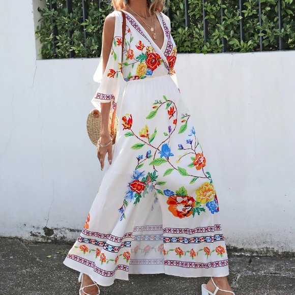 . Dresses & Skirts - White Floral Print Cold Shoulder Maxi Dress